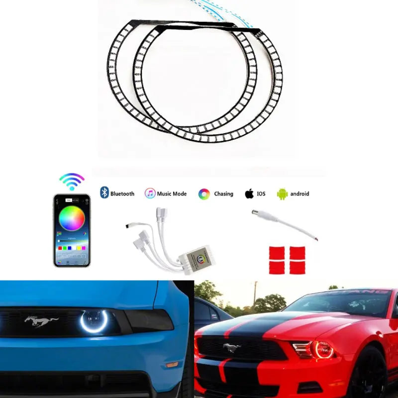 For Ford Mustang 2010-2014 Halogen Headlight APP Bluetooth RGB LED Angel Eye Demon DRL - AKiHalo.com