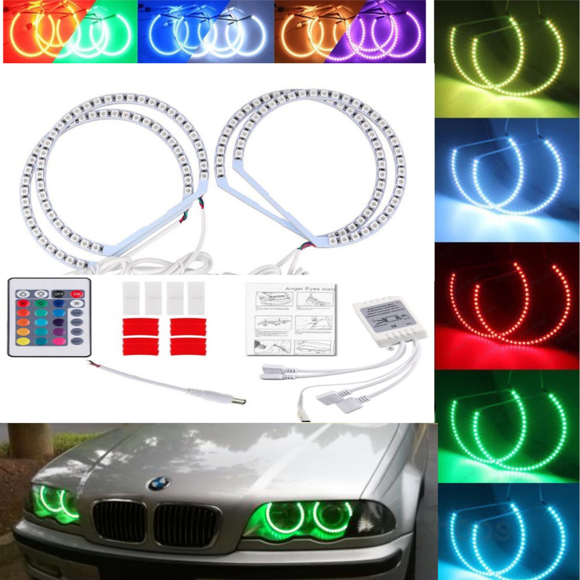 Qiuko 4x131MM Multi-Color RGB LED Angel Eye Halo Rings Light for BMW E